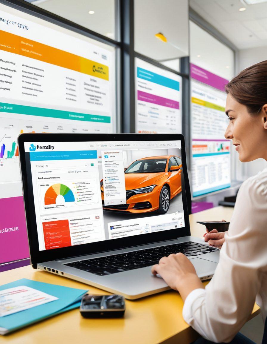 A split-screen depiction of a car owner on one side comparing different car insurance quotes on a sleek modern laptop, and on the other side, a bank of insurance agents discussing customized coverage options in a bright office setting. Include elements like colorful charts, dynamic visuals of cars, and highlighted quotes for instant appeal. Add a magnifying glass to symbolize comparison and understanding. digital art. vibrant colors. modern style.