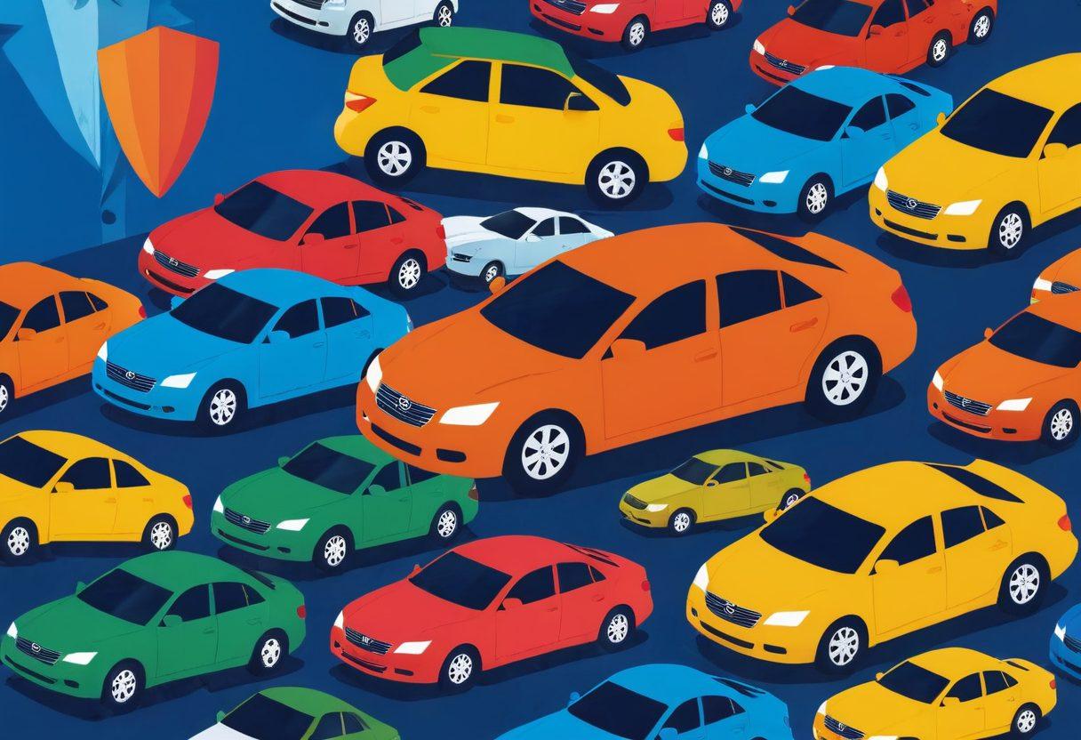 An eye-catching collage featuring a diverse range of cars under a bright blue sky, surrounded by visually appealing icons representing insurance deals like a shield, calculator, and dollar signs. In the foreground, a confident driver holds a smartphone displaying an insurance app. The overall tone should evoke trust and excitement about saving money on car insurance. vibrant colors. vector art.