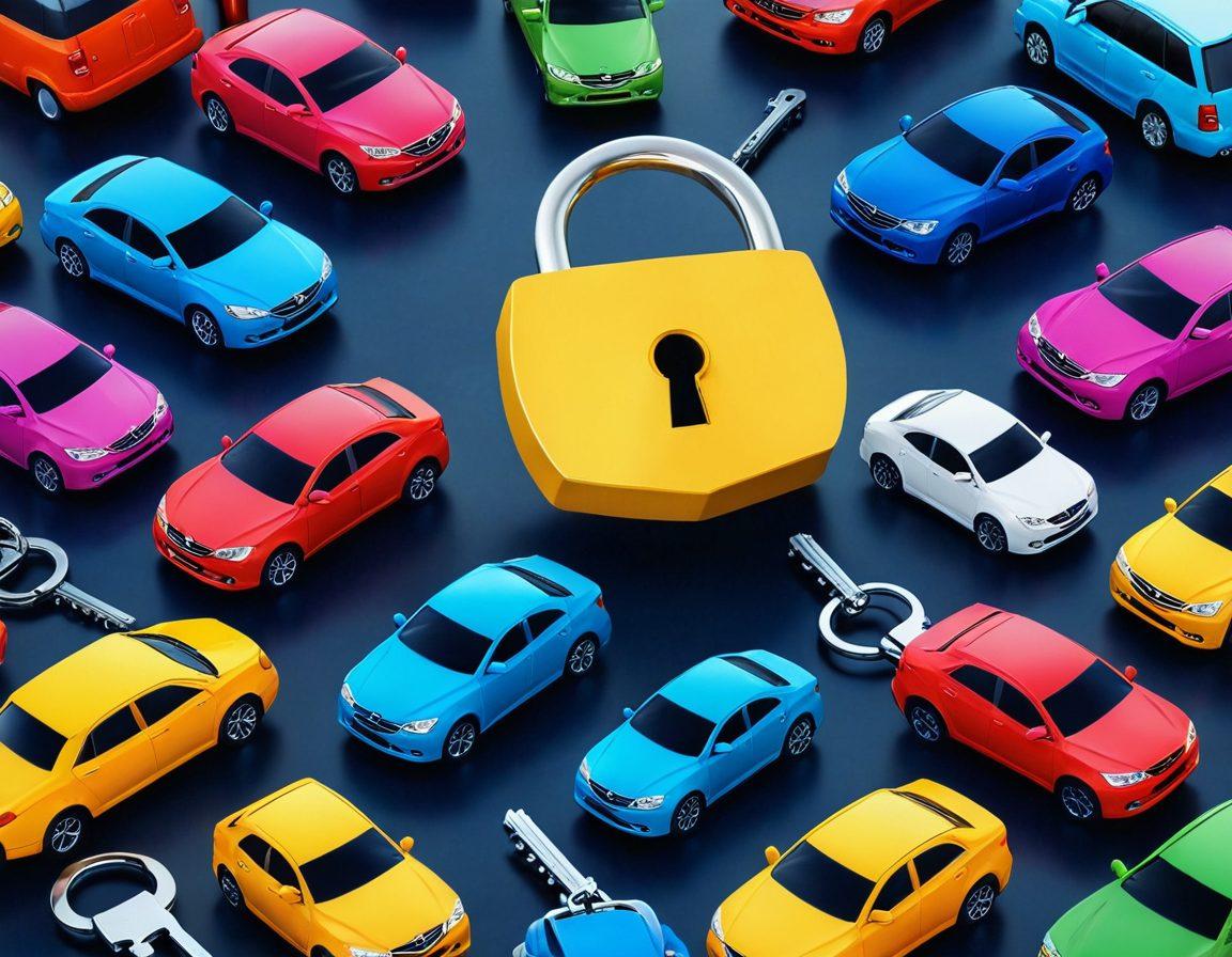 A visually striking illustration of a car key unlocking a giant padlock, symbolizing access to the best car insurance deals. In the background, depict various cars representing different types of coverage, surrounded by icons of affordability and customization—like price tags and personalized plans. Soft gradients to convey security and clarity in financial choices. vibrant colors. vector art.